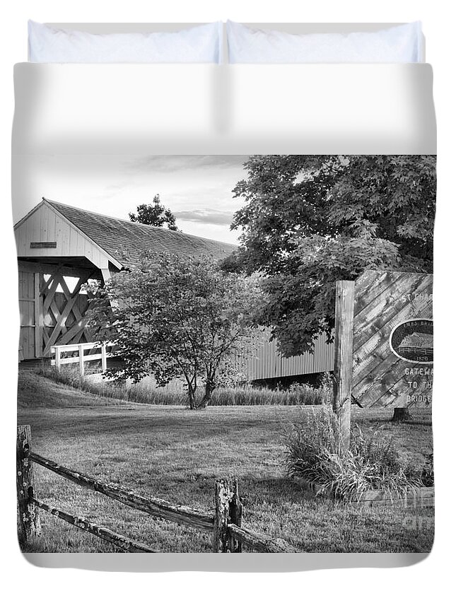 Imes Duvet Cover featuring the photograph Madison County Imes Bridge Landscape Black And White by Adam Jewell