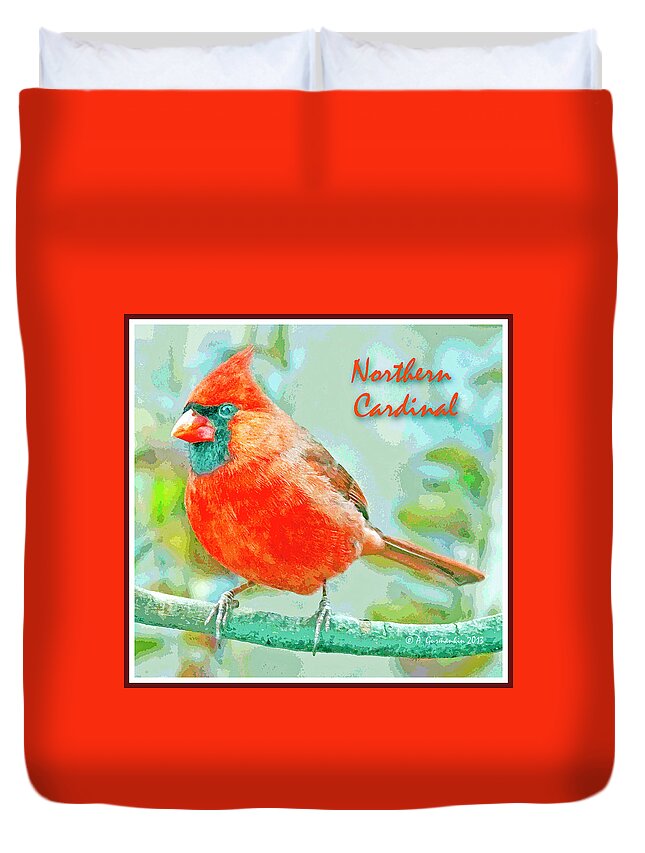 Cardinal Duvet Cover featuring the digital art Male Cardinal on Tree Branch by A Macarthur Gurmankin