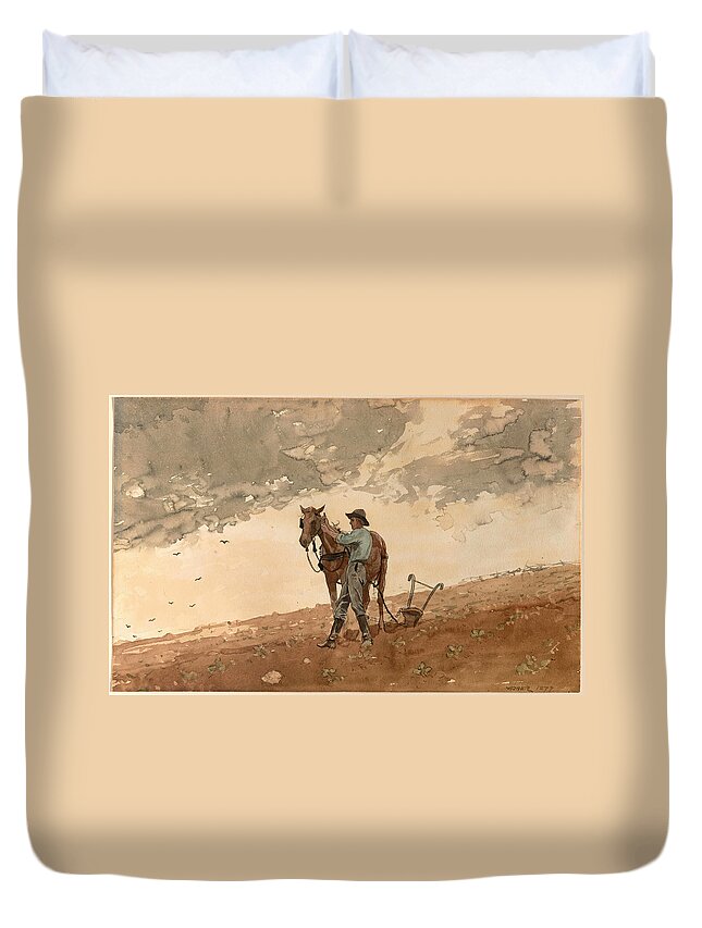 Winslow Homer Duvet Cover featuring the drawing Man with Plow Horse by Winslow Homer