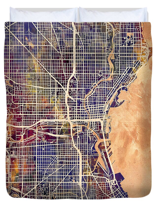 Milwaukee Duvet Cover featuring the digital art Milwaukee Wisconsin City Map #1 by Michael Tompsett