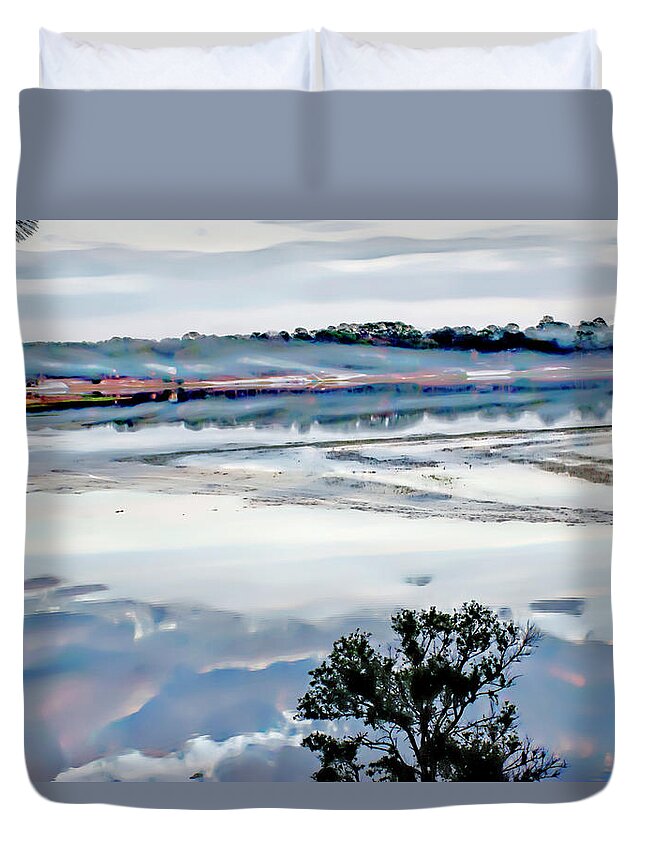 Misty Duvet Cover featuring the photograph Misty Morning on Spring Lake #1 by Gina O'Brien