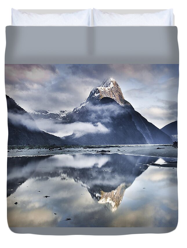 00438708 Duvet Cover featuring the photograph Mitre Peak Reflecting In Milford Sound by Colin Monteath