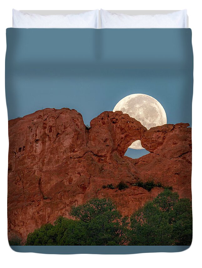 Moon Duvet Cover featuring the photograph Moon Behind Kissing Camels #1 by David Soldano