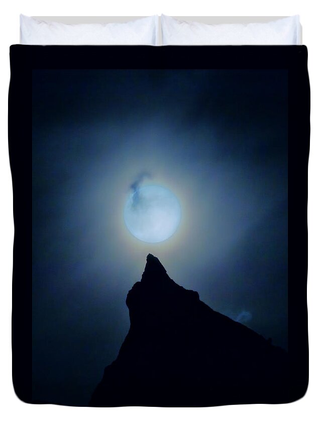 Nature Duvet Cover featuring the digital art Moon Over Mountain #1 by William Horden