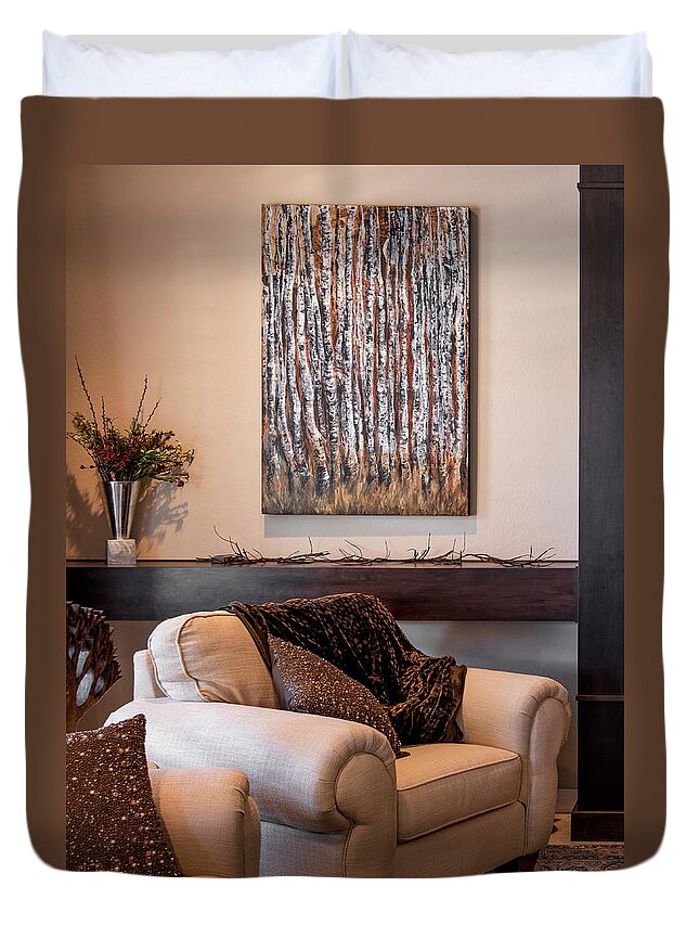 Aspens Duvet Cover featuring the painting Moonlight Aspens by Sheila Johns