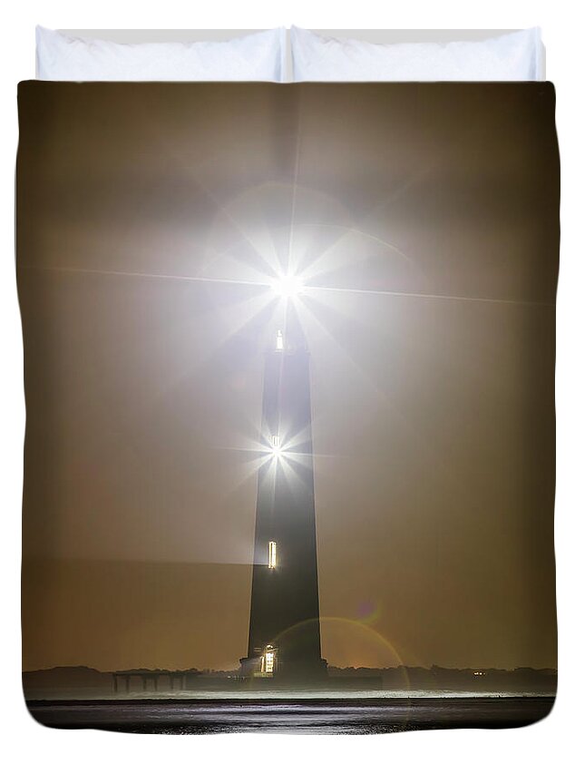 Morris Island Light House 140 Year Anniversary Lighting Duvet Cover featuring the photograph Morris Island Light House 140 Year Anniversary Lighting #1 by Dustin K Ryan