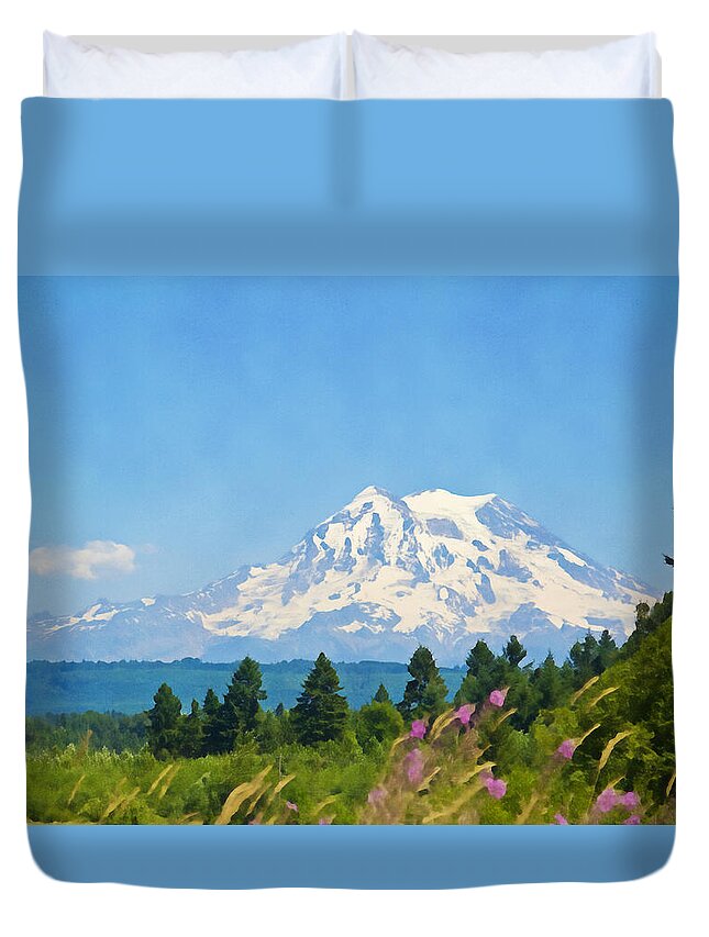 Mountain Duvet Cover featuring the photograph Mount Rainier Watercolor by Tatiana Travelways