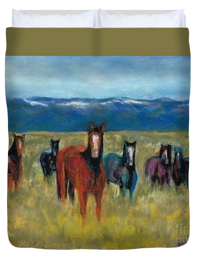 Mustangs Duvet Cover featuring the painting Mustangs in Southern Colorado #1 by Frances Marino