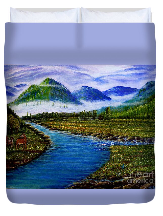 Soft Fog/mist Drifting Through Blue Purple Mountains With Lush Vegetation Soft Wispy Clouds With Abstract Of Eagle Mix Of Evergreens And Deciduous Trees On Mountains Slope/in Background Golden Green Grass With Yellow White Red Wildflowers In The Fields Surrounding Crystal Blue River With Smooth River Rocks Subtle Shape Of Grizzly Bear In The Distance Stalking Doe And Her Two Fawns Next To The River Three Fish Swimming In A Diverted Stream Three Colorful Butterflies In Foreground Acrylic Painting Duvet Cover featuring the painting My Morning Walk with God in the Springtime by Kimberlee Baxter