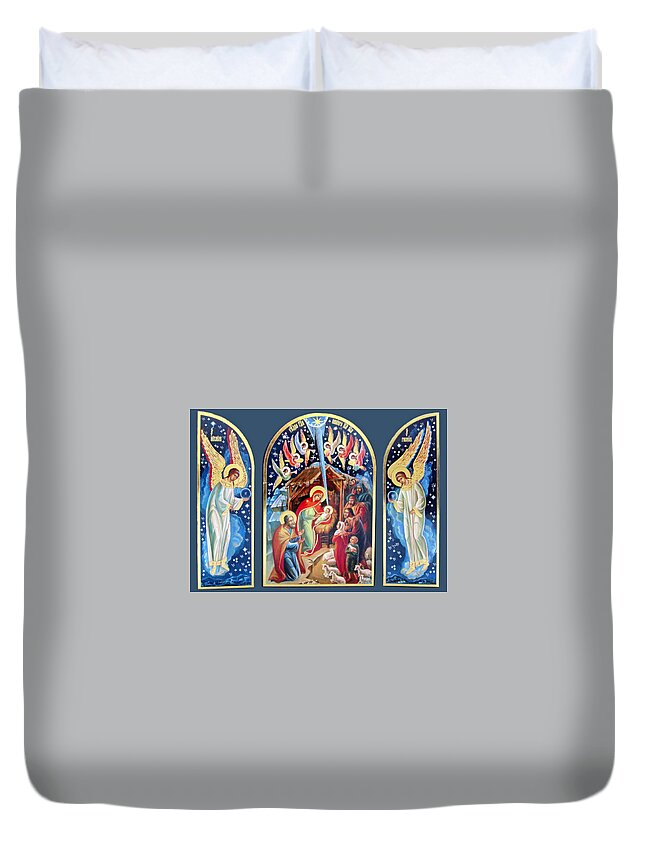 Nativity Duvet Cover featuring the painting Nativity Angels				 #1 by Munir Alawi