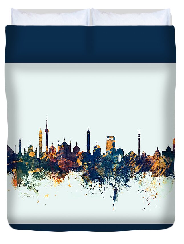 Watercolour Duvet Cover featuring the digital art New Delhi India Skyline by Michael Tompsett