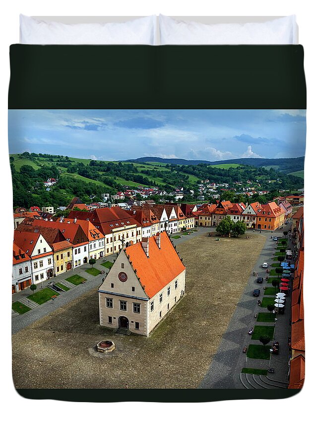 Town Duvet Cover featuring the photograph Old town square in Bardejov, Slovakia #1 by Elenarts - Elena Duvernay photo