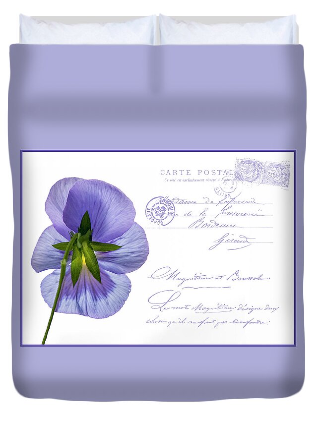 Postcard Duvet Cover featuring the photograph Pansy Postcard by Cathy Kovarik