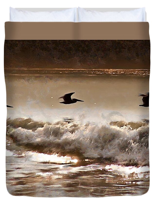 Pelicans Duvet Cover featuring the photograph Pelican Patrol #1 by Jim Proctor