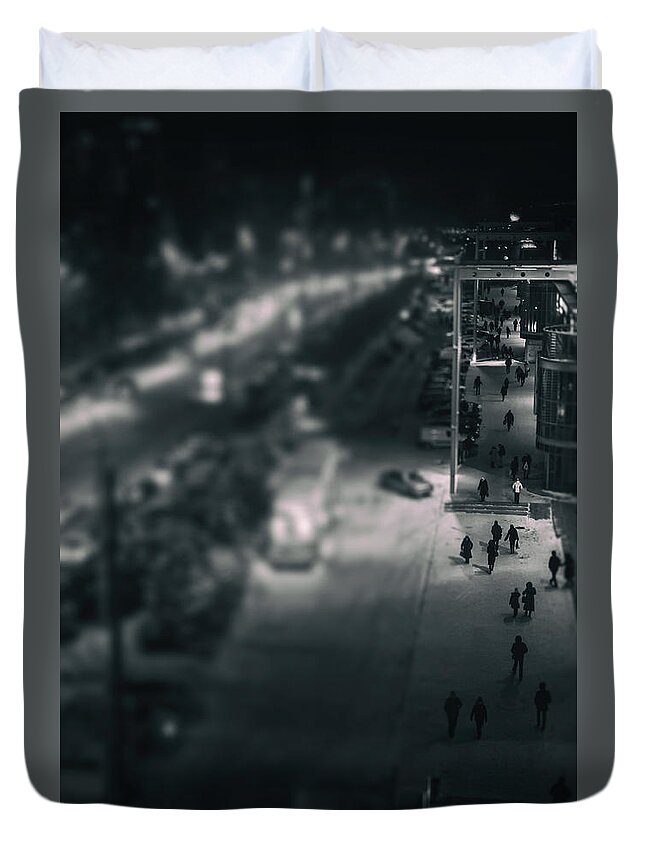 Urban Scene Duvet Cover featuring the photograph People at Night from Arerial View by John Williams