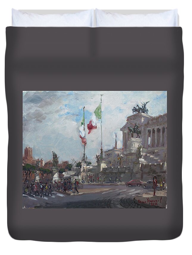 Piazza Venezia Duvet Cover featuring the painting Piazza Venezia Rome #2 by Ylli Haruni