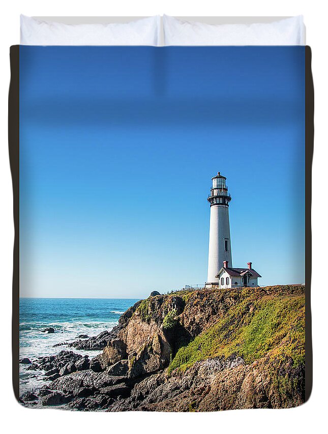 Coastline Duvet Cover featuring the photograph Pigeon Point Lighthouse on highway No. 1, California by Amanda Mohler
