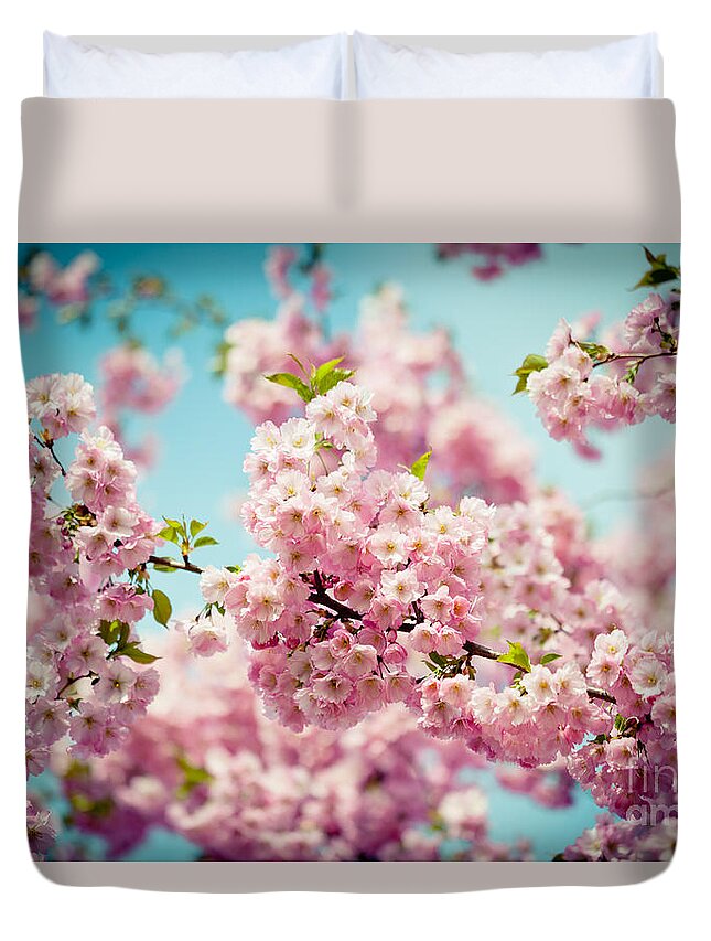 Sakura Duvet Cover featuring the photograph Pink Cherry Blossoms Sakura #1 by Raimond Klavins