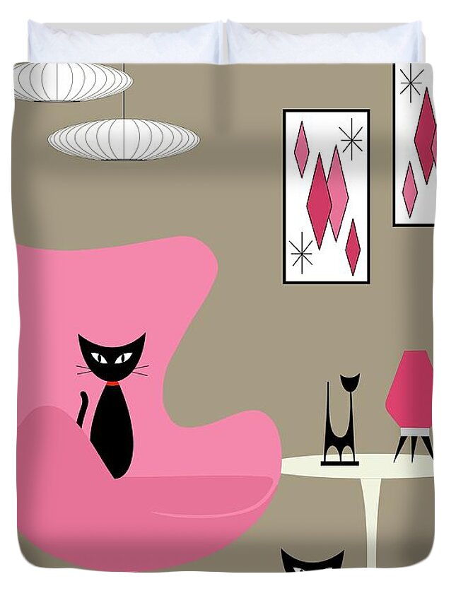  Duvet Cover featuring the digital art Pink Egg Chair with Two Cats by Donna Mibus