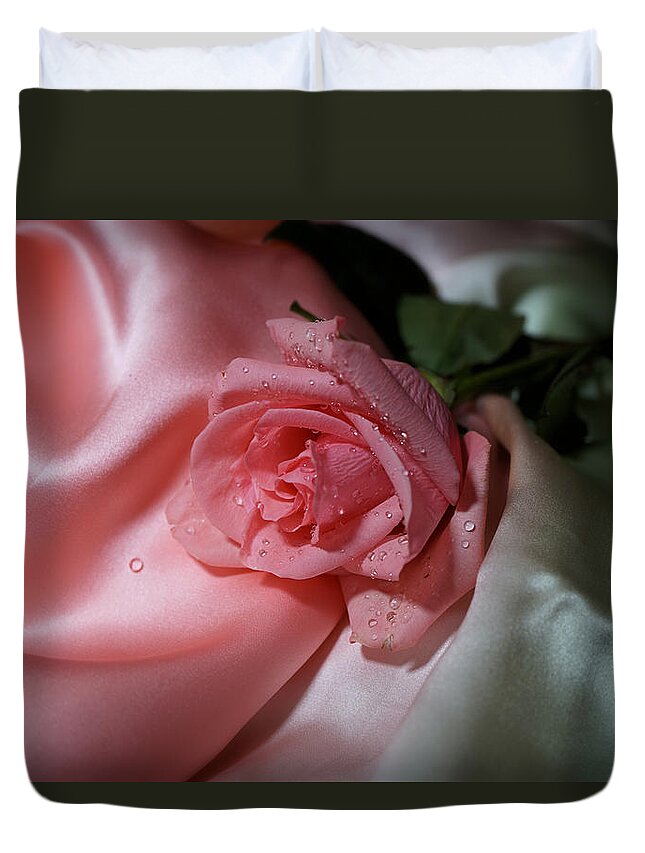 Rose Duvet Cover featuring the photograph Pink Rose on the silk #1 by Lilia S