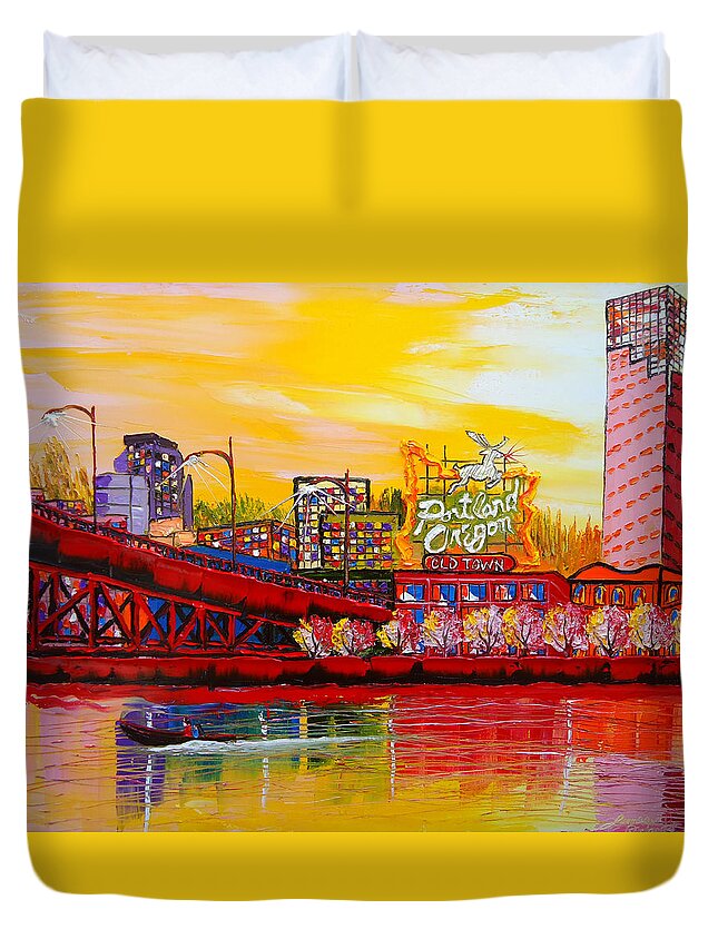 Duvet Cover featuring the painting Portland Oregon Sign #65 by James Dunbar