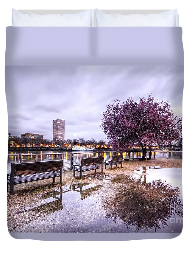 Portland Oregon Waterfront Tree Reflection Duvet Cover featuring the photograph Portland Oregon Waterfront Tree Reflection #2 by Dustin K Ryan