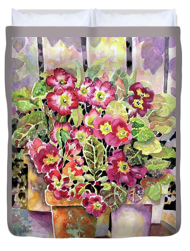 Watercolor Duvet Cover featuring the painting Primroses In Pots #1 by Ann Nicholson