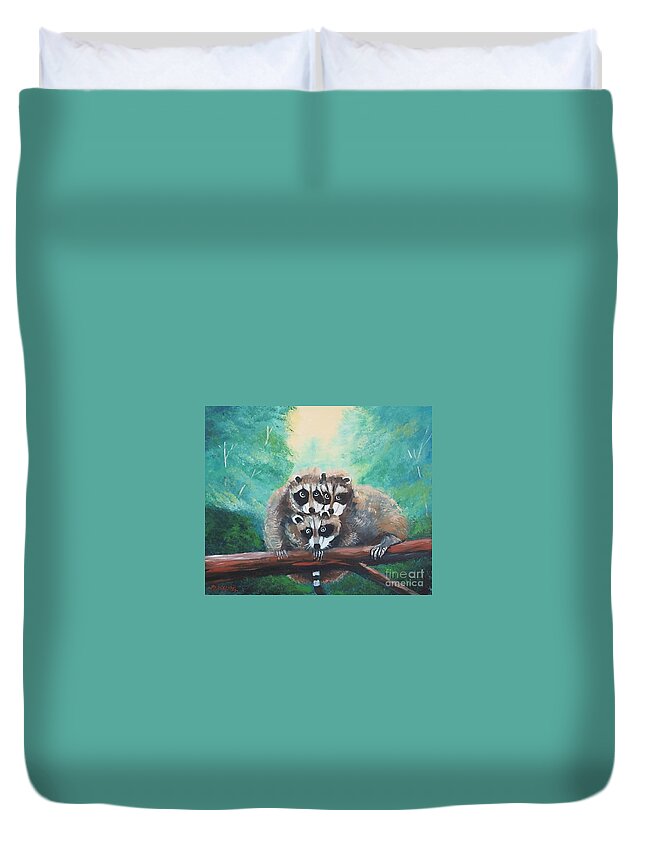 Racoons Duvet Cover featuring the painting Racoons by Jean Pierre Bergoeing