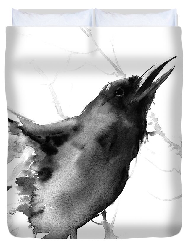 Black And White Duvet Cover featuring the painting Raven #1 by Suren Nersisyan