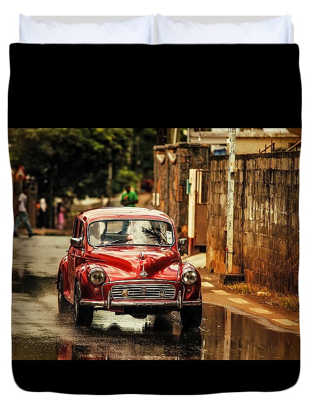 Morris Minor Duvet Cover featuring the photograph Red Retromobile. Morris Minor #1 by Jenny Rainbow