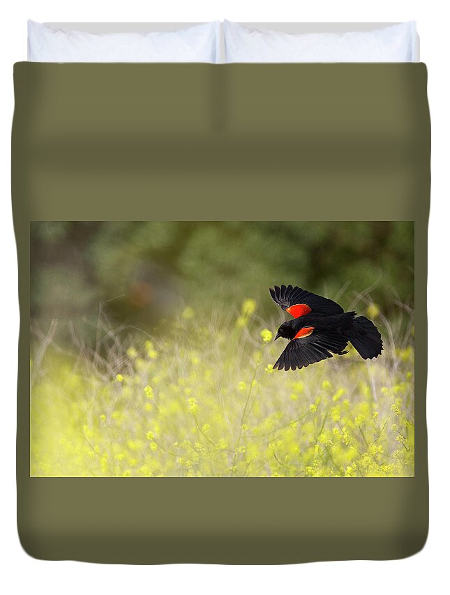 Blackbird Duvet Cover featuring the photograph Red Winged Blackbird in Flight #1 by Susan Gary