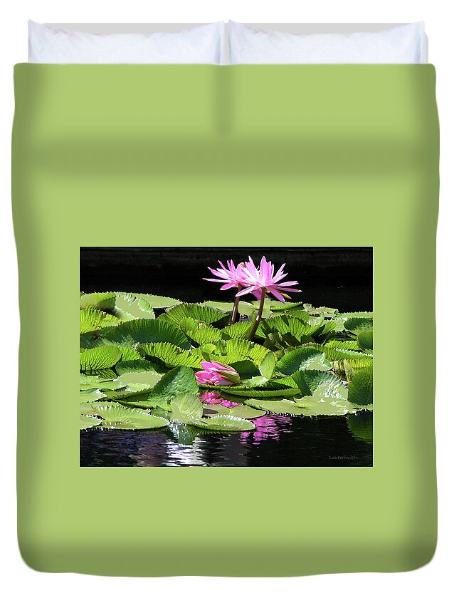 Water Lilies Duvet Cover featuring the photograph Reflections of Beauty #1 by John Lautermilch