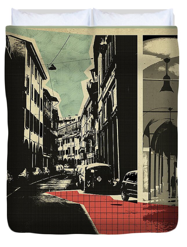Italy Duvet Cover featuring the digital art retro postcard of Bologna #2 by Ariadna De Raadt