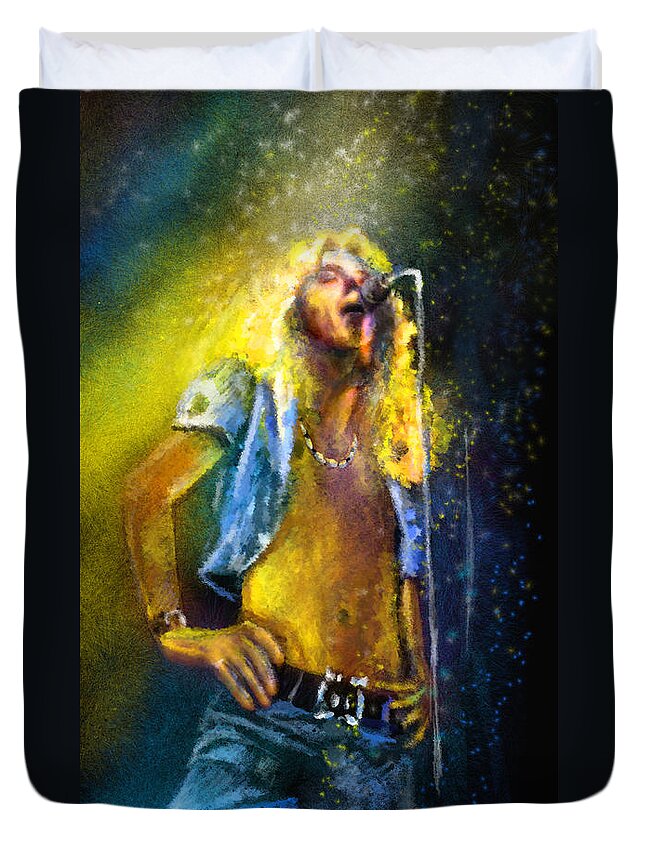 Music Duvet Cover featuring the painting Robert Plant 01 #1 by Miki De Goodaboom