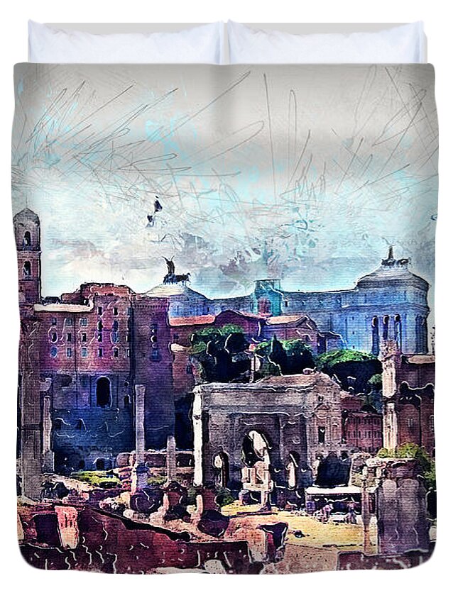 Rome Duvet Cover featuring the painting Rome architecture #1 by Justyna Jaszke JBJart