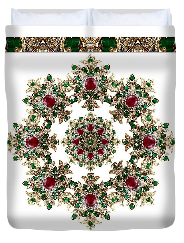 Kaleidoscope Duvet Cover featuring the digital art Ruby and Emerald Kaleidoscope #1 by Charmaine Zoe