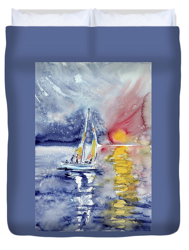 Sailboat Duvet Cover featuring the painting Sailboat at sunset #1 by Kovacs Anna Brigitta