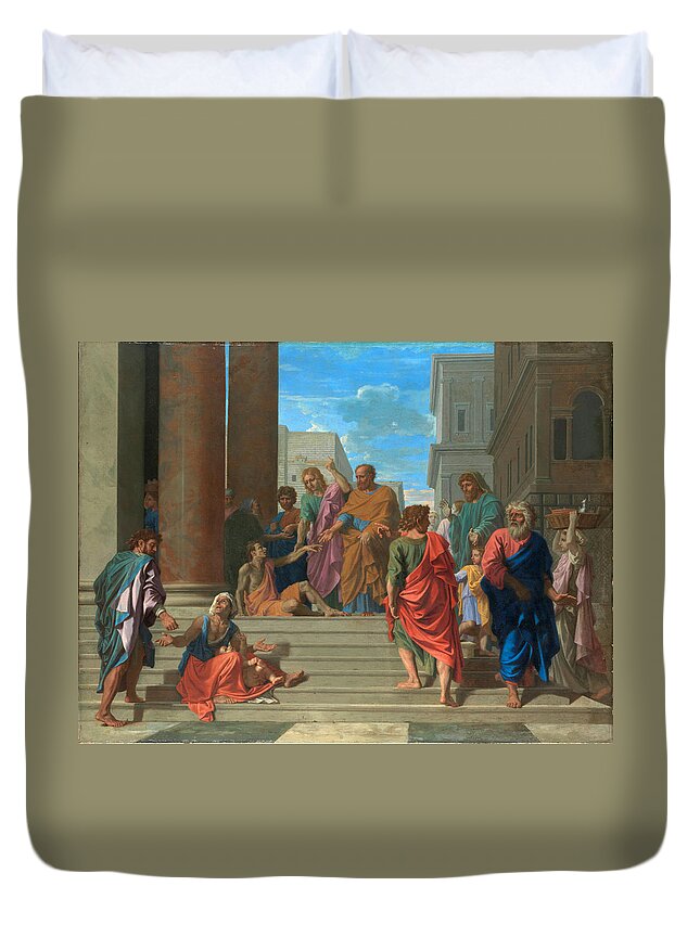 Nicolas Poussin Duvet Cover featuring the painting Saints Peter and John Healing the Lame Man #4 by Nicolas Poussin