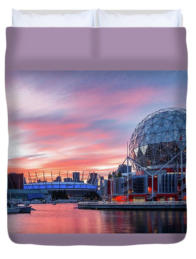 Canada Duvet Cover featuring the photograph Science World and BC Place Stadium at Sunset. Vancouver, BC by Rick Deacon