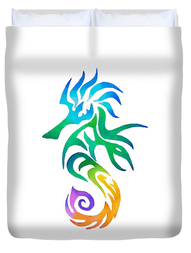 Tribal Duvet Cover featuring the painting Seahorse #1 by Sarah Krafft