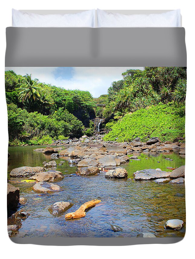 Waterfall Duvet Cover featuring the photograph Seven Sacred Pools of Maui #1 by Michael Rucker