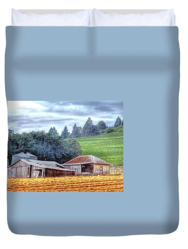 Shed Duvet Cover featuring the photograph Shed and Grain Bins 17238 #1 by Jerry Sodorff