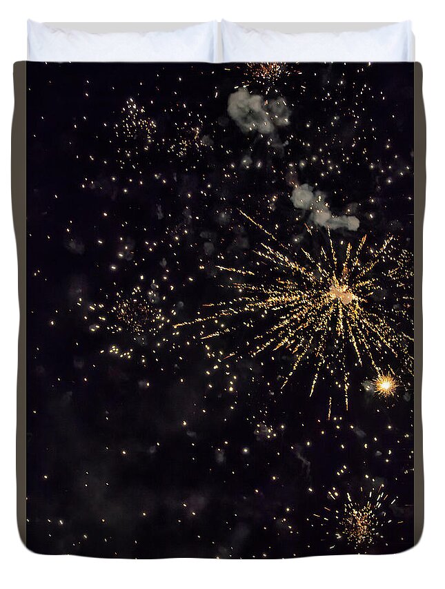 Black Duvet Cover featuring the photograph Shining Colorful Firework Over A Dark Night Sky #1 by Gina Koch
