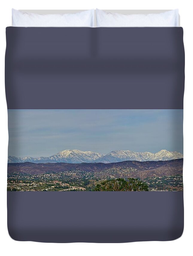 Linda Brody Duvet Cover featuring the photograph Snow Capped San Gabriel Mountains Panorama 1 by Linda Brody