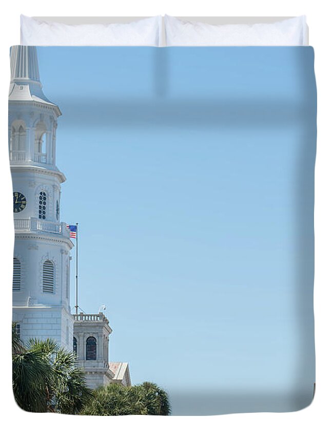 Church Duvet Cover featuring the photograph St. Michael Church in historic downtown of Charleston South Caro #1 by Alex Grichenko