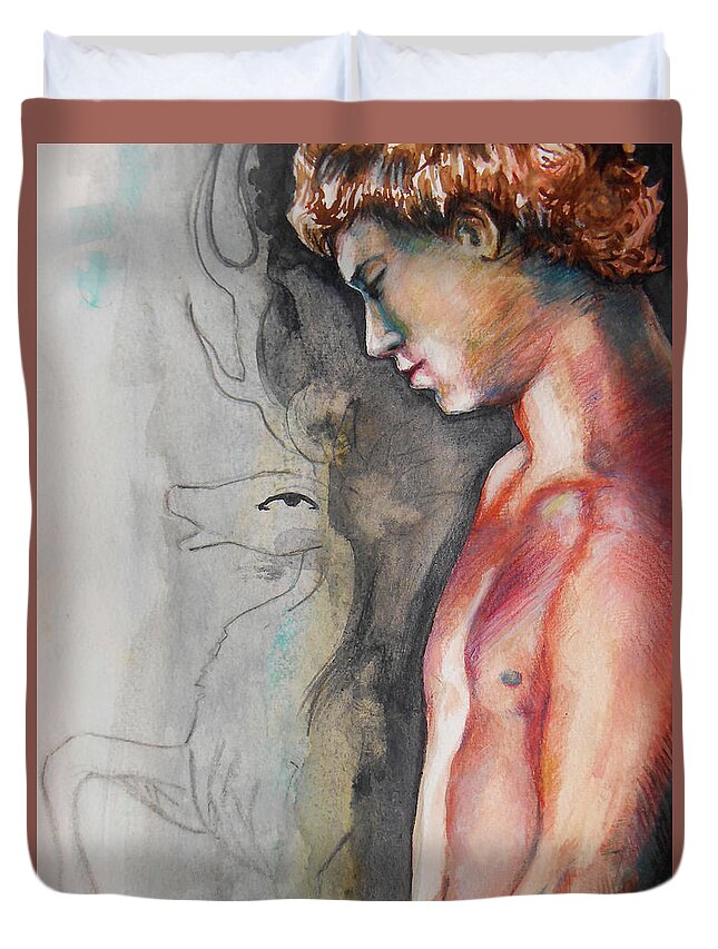 Male Figure Duvet Cover featuring the painting Stag Antlers Version by Rene Capone