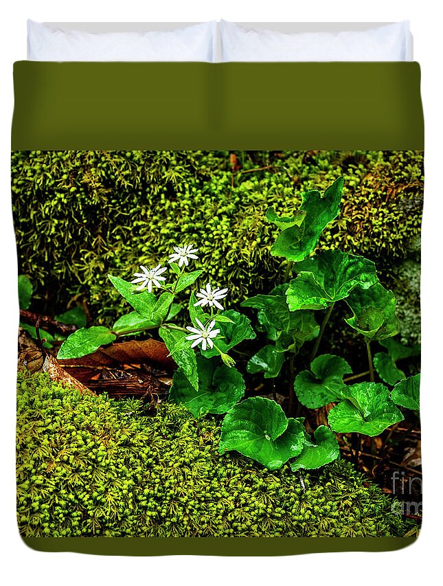 Star Chickweed Duvet Cover featuring the photograph Star Chickweed Mossy Rock #1 by Thomas R Fletcher