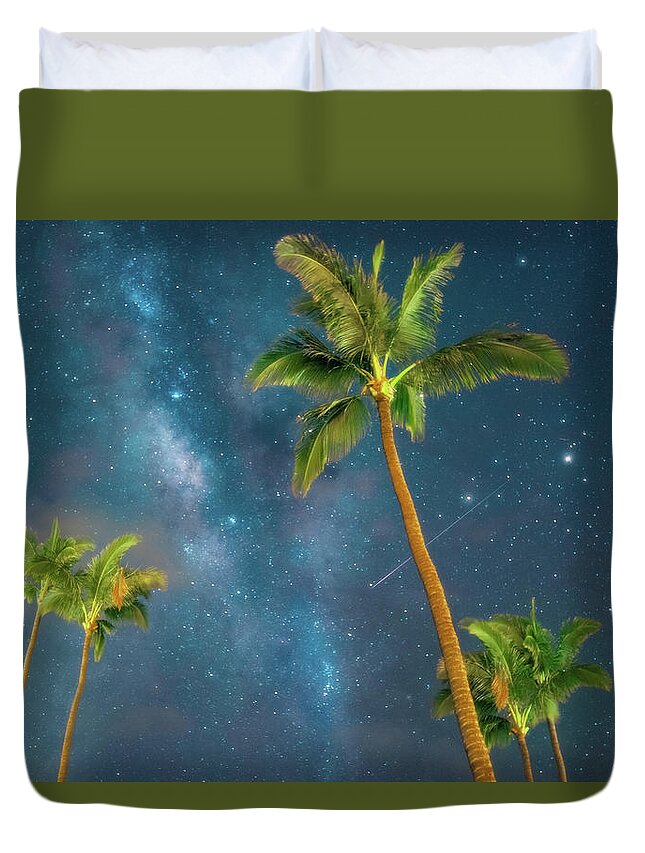 Maui Hawaii Milky Way Palmtrees Duvet Cover featuring the photograph Starry Night #1 by James Roemmling