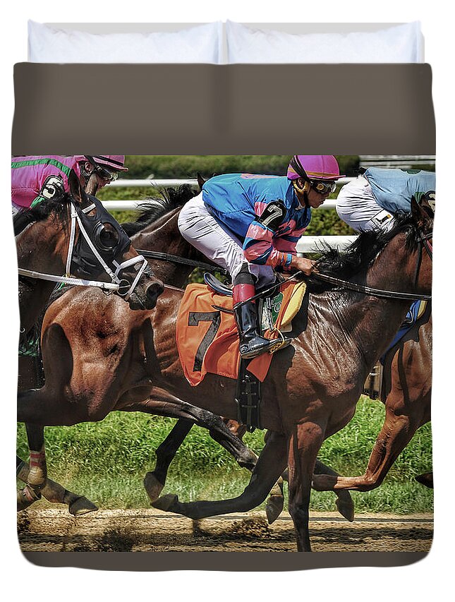 Race Horses Duvet Cover featuring the photograph Striving #1 by Jeffrey PERKINS
