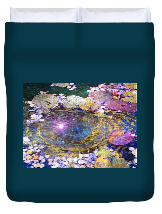 Pond Duvet Cover featuring the painting Sunglint on Autumn Lily Pond II #1 by Anastasia Savage Ealy